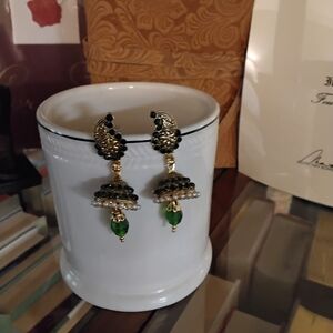 Elegant Green and Gold Jhumka Earrings